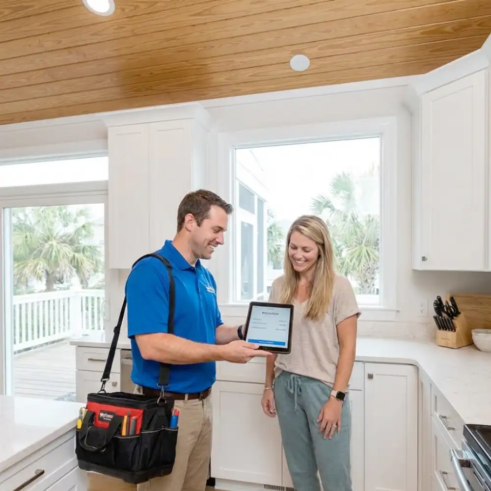 Technician presenting a repair quote on a tablet in a Sullivan's Island vacation rental kitchen.