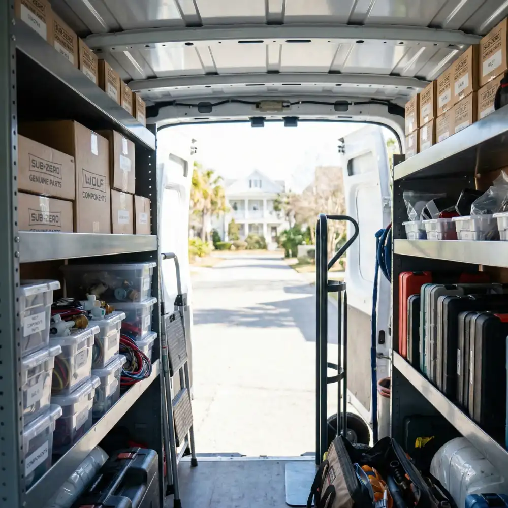 View inside the open back doors of a meticulously organized appliance repair van stocked with factory parts.