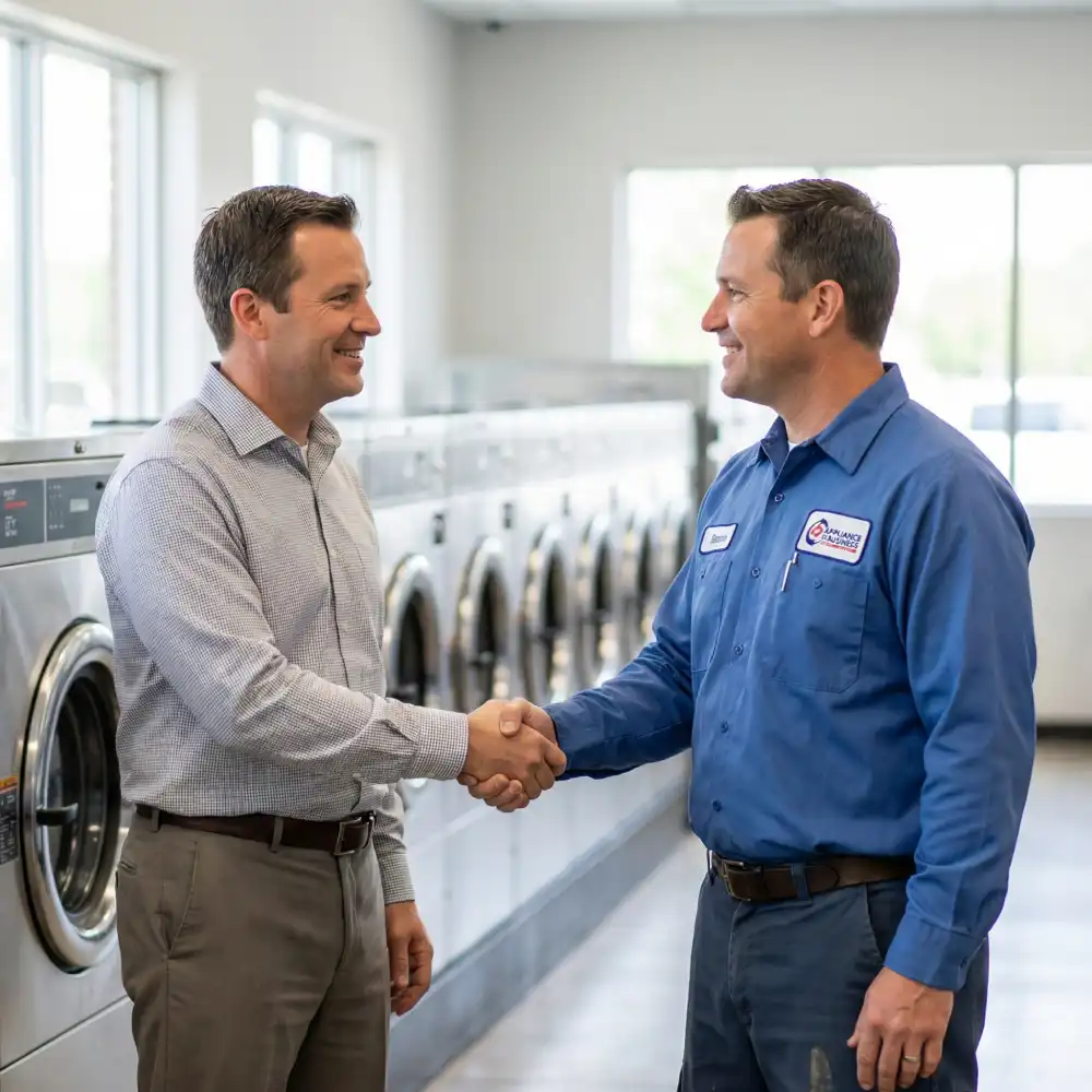 Appliance repair owner shaking hands with a property manager in front of a row of commercial washing machines.