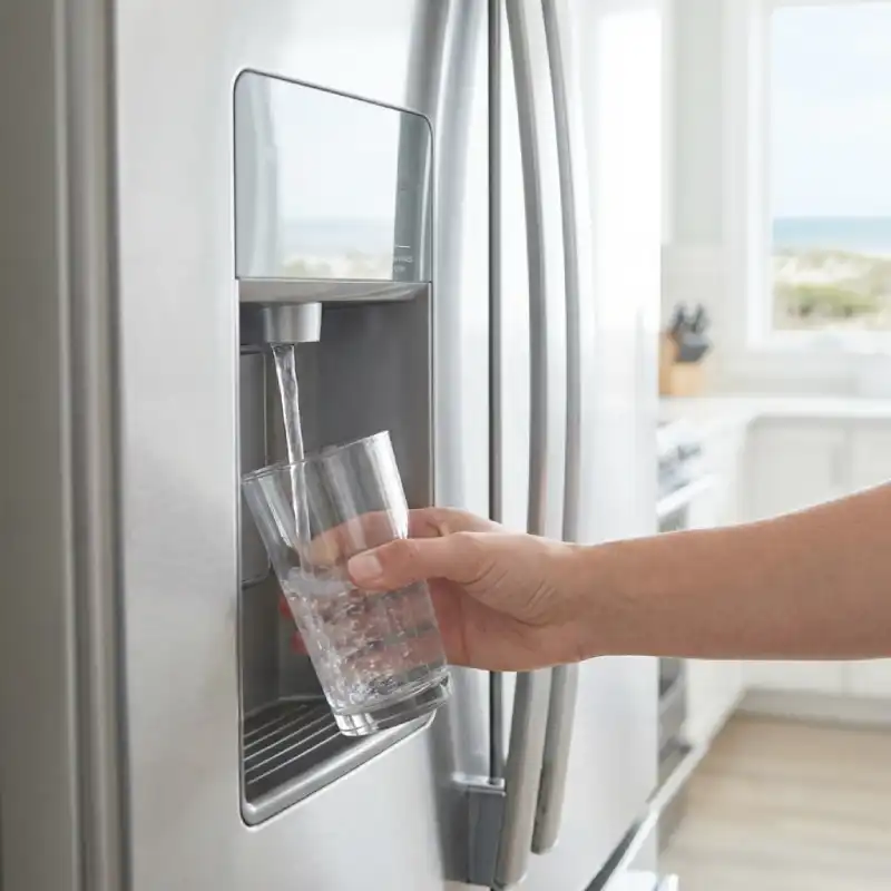 Close up of a glass being filled from a stainless steel refrigerator water dispenser in a Wild Dunes kitchen.