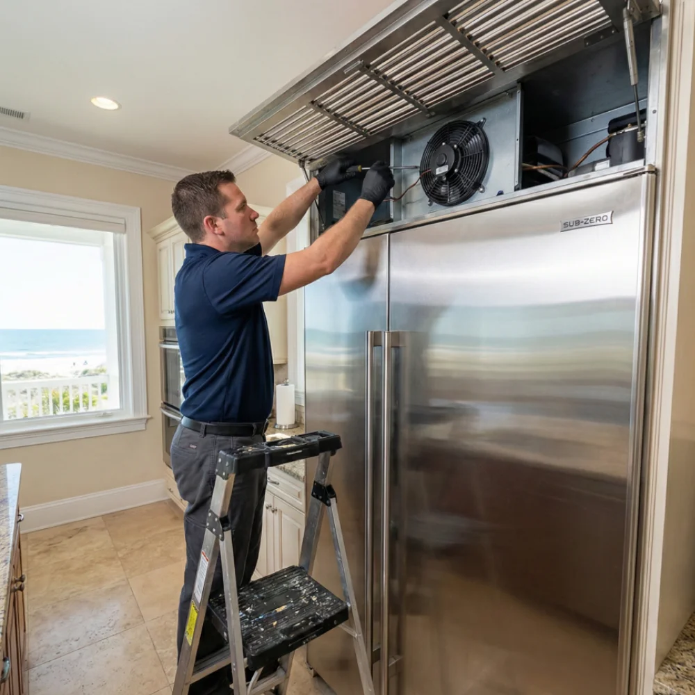 Technician replacing a corroded evaporator fan motor inside the freezer compartment of a Sub-Zero refrigerator in a Wild Dunes kitchen.
